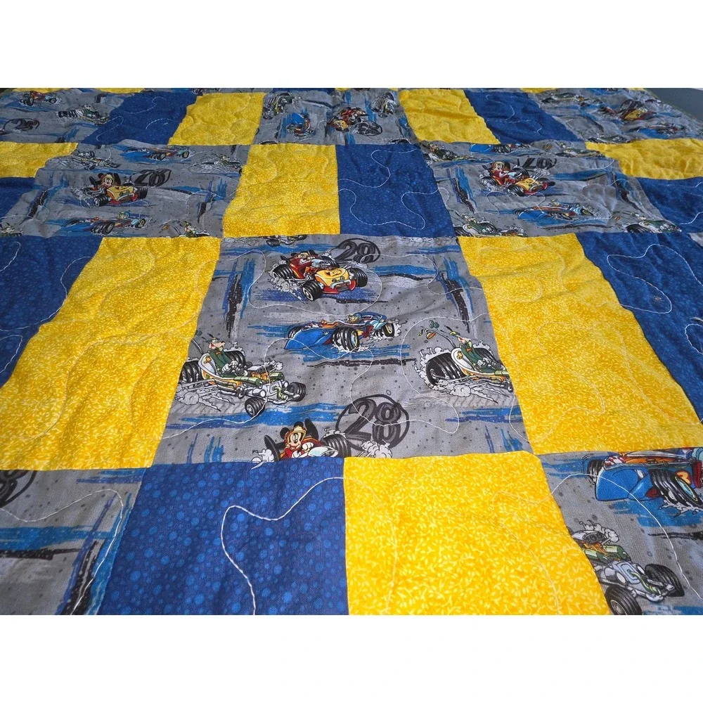 Handmade Disney Mickey Mouse Racing Patchwork Quilt Toddler Blanket 38x38 Blue